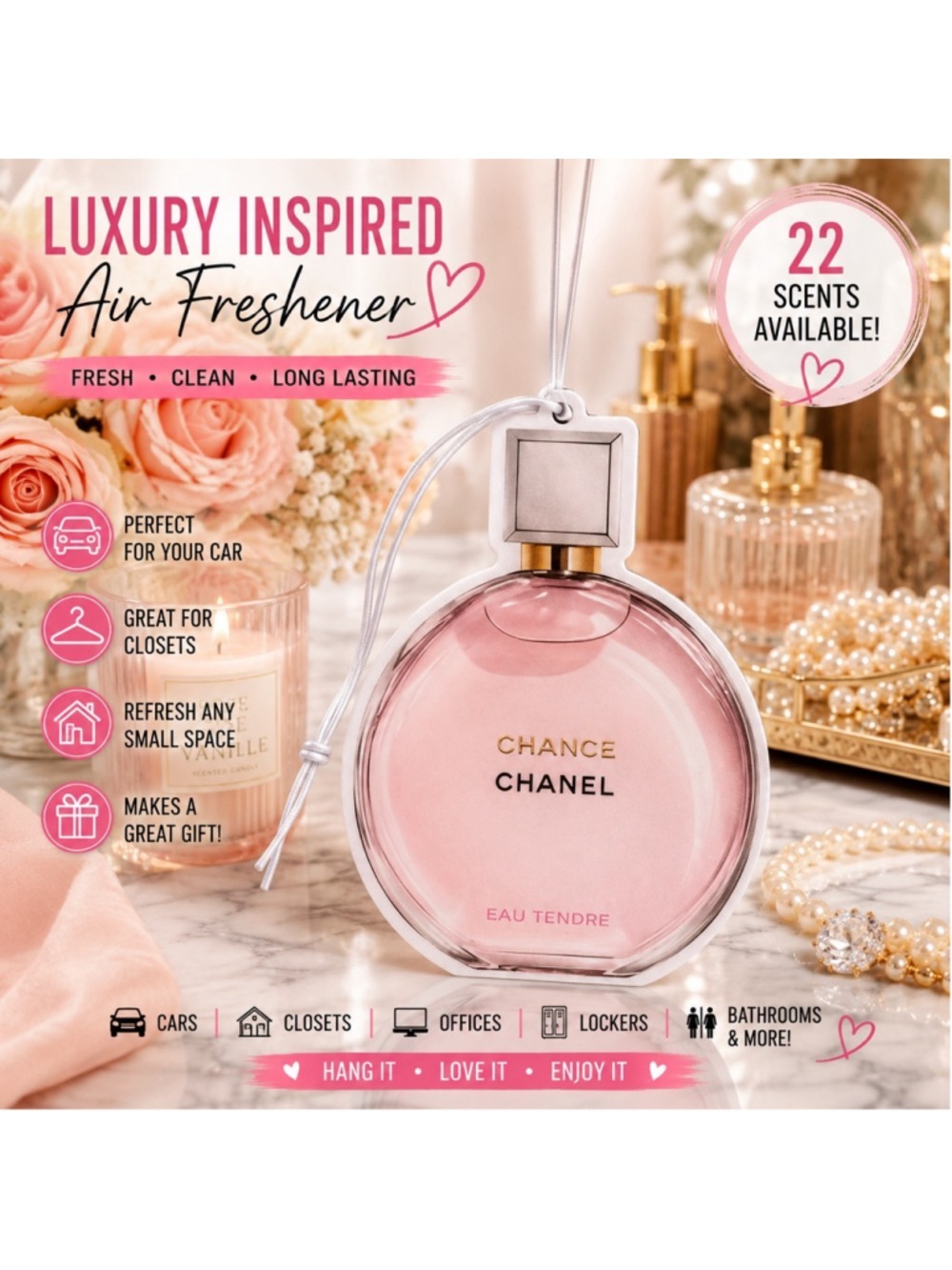 Luxury Inspired Blush Pink Perfume Bottle Air Freshener Freshie Car Closet Offic